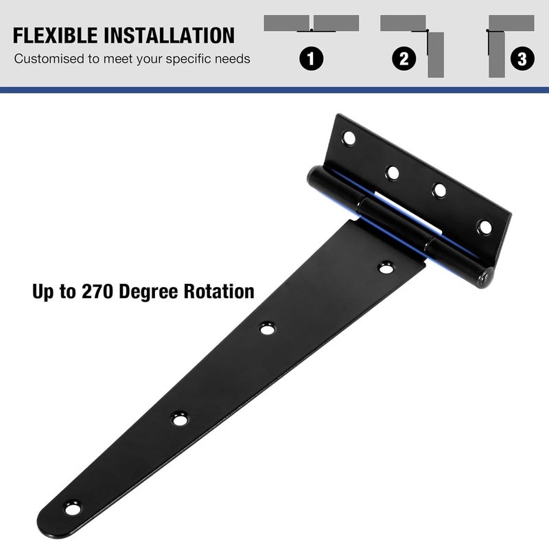 TDCHINGES 10 Inch Shed Door Hinges T-Strap Gate Hinge Heavy Duty 2 Pack Barn Farm Fence Tee Hinges for Doors Outdoor Kitchen Wood Cabinet Interior Exterior Window Bar Shop Matte Blake Door Hinge Hardware Kit - Image 4